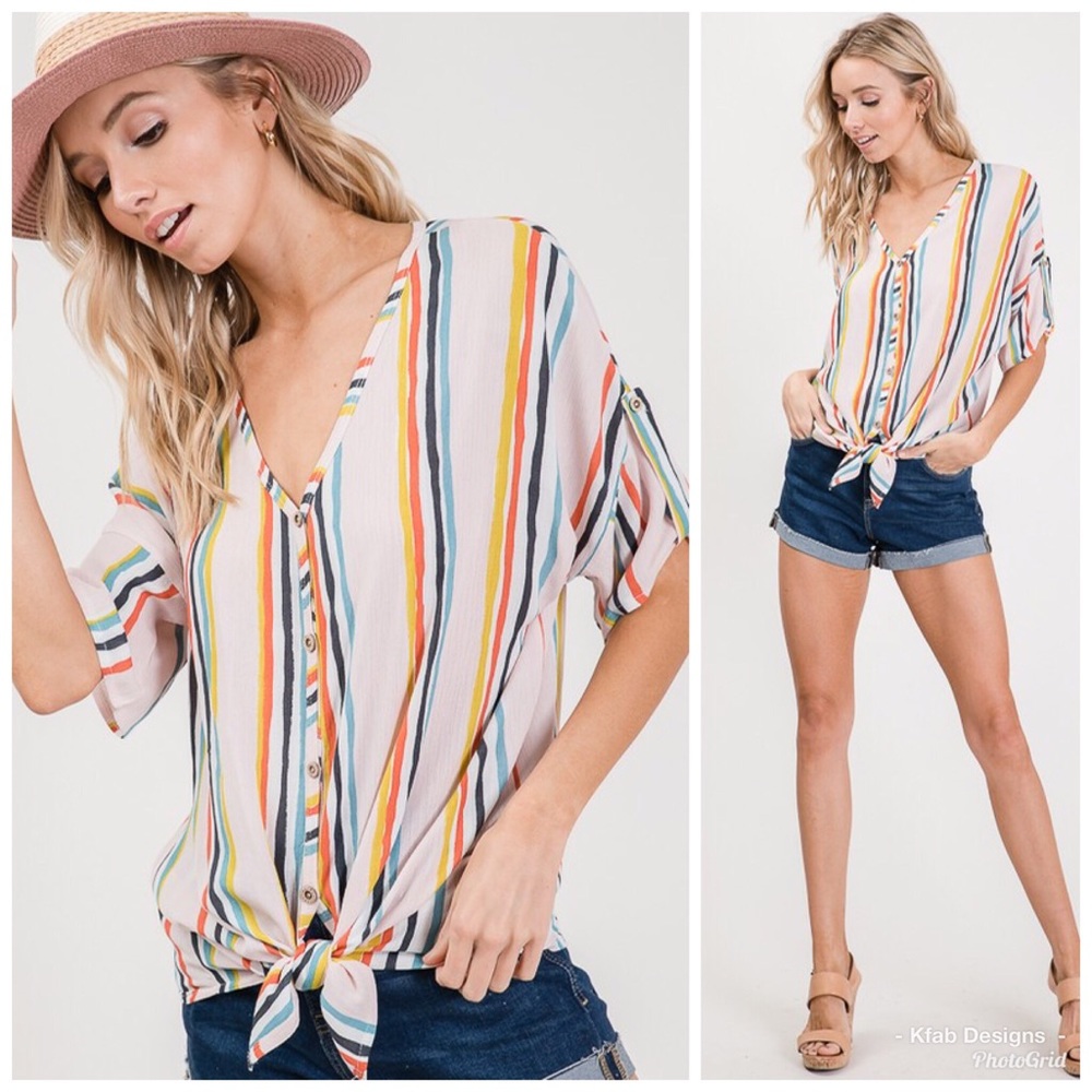 🛍LAST 3! Blush Tie Front Striped Top! - Picture 3 of 8